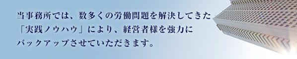 当事務所では、数多くの労働問題を解決してきた「実践ノウハウ」により、経営者様を強力にバックアップさせていただきます。